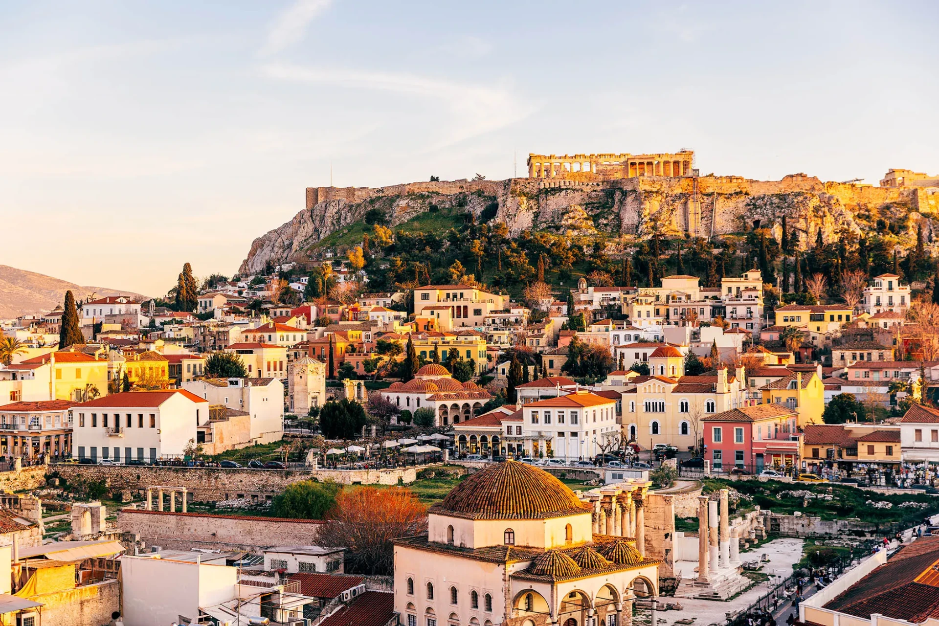 Athens cityscape with the Acropolis and rooftops of Plaka