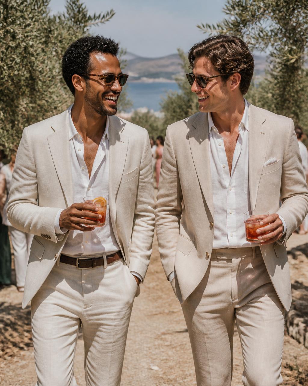 Two wedding guests in light linen suits walking through a Greek olive grove
